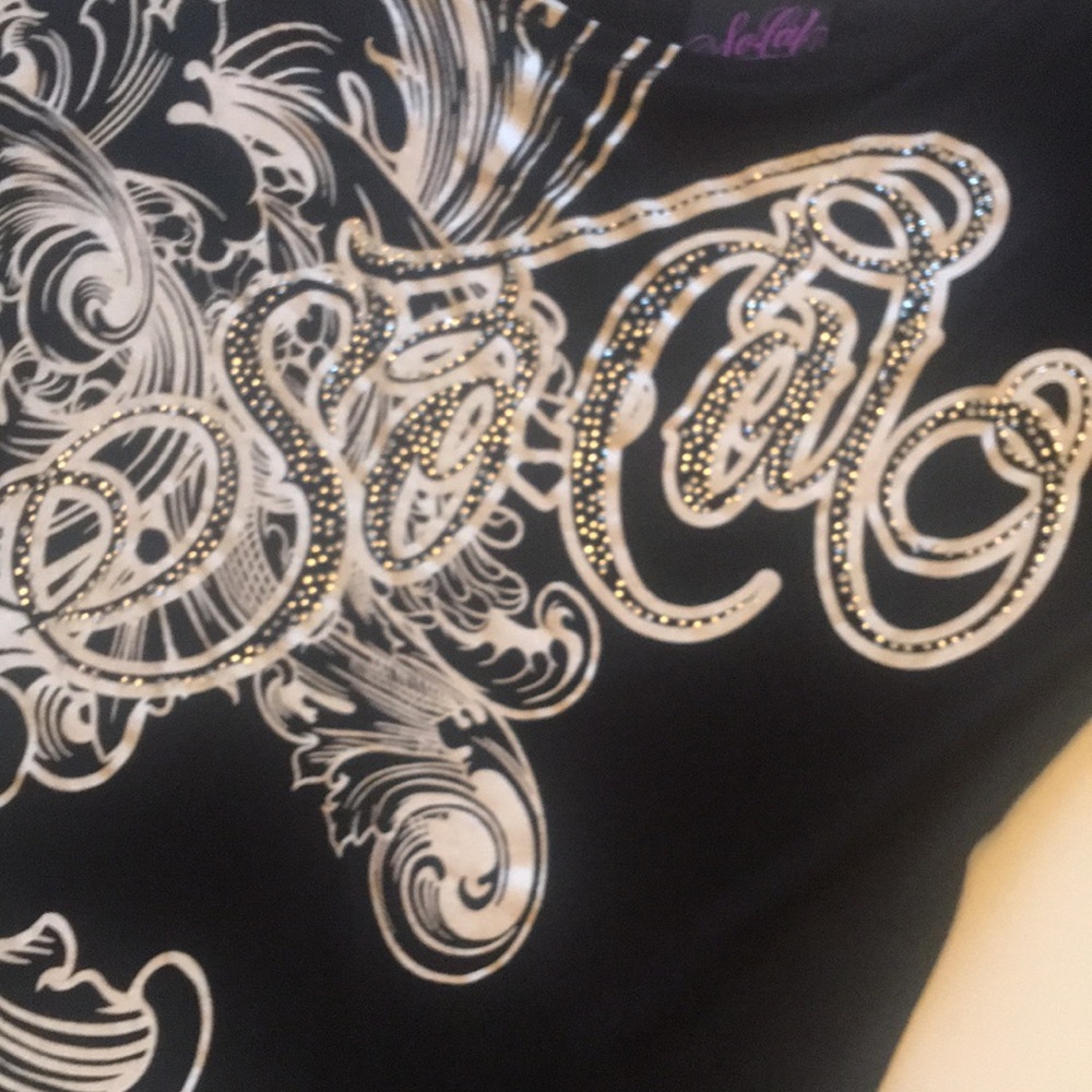 So CAL asymmetrical top, off 1 shoulder bling, swirl detail Stretch fabric.